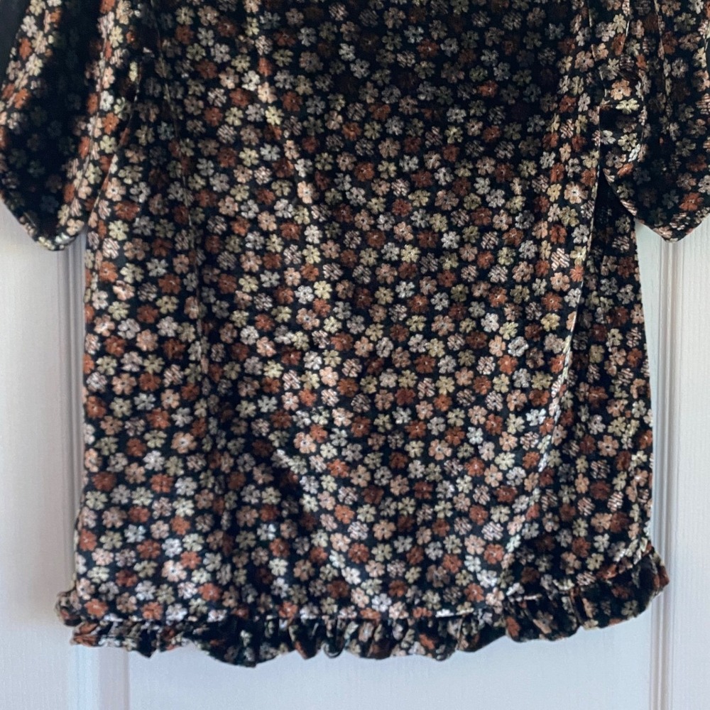 Madewell Velvet Split Sleeve Ruffle Hem Floral Top Black Brown K2795 XS - Picture 13 of 13